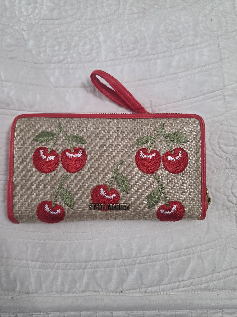 Steve Madden Red Trim Straw Cherry Wristlet
